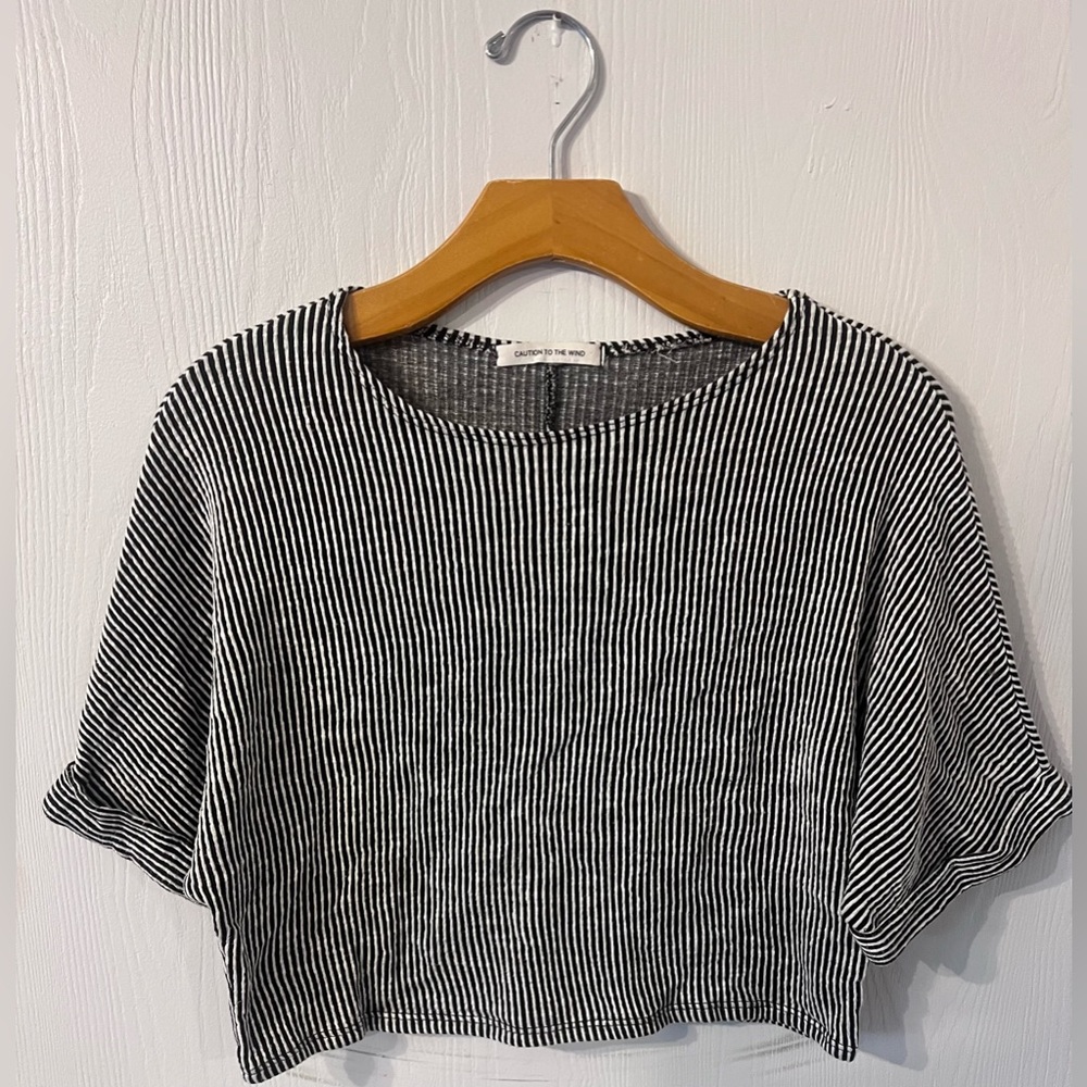 Black & White Crop Top “Caution To The Wind” Label